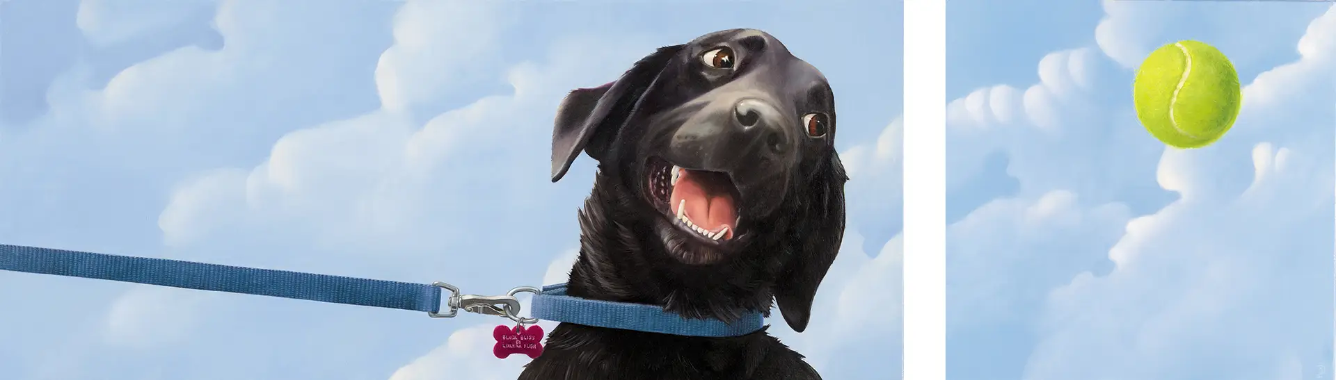 22in by 11in print by Lorena Pugh, depicting a yellow lab pulling at their leash, their eyes trained on a tennis ball they're desperate to catch. Includes separate 11 by 11 print of the tennis ball, and magenta metal dog tags labeled 'Black Bliss' for display.