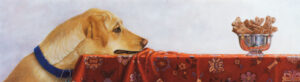 33.5in by 14.5in print by Lorena Pugh, depicting a yellow lab in a blue collar resting her chin on a table, bunching up the red tablecloth in front of her as she scoots closer and closer to the enticing silver bowl of dog treats.