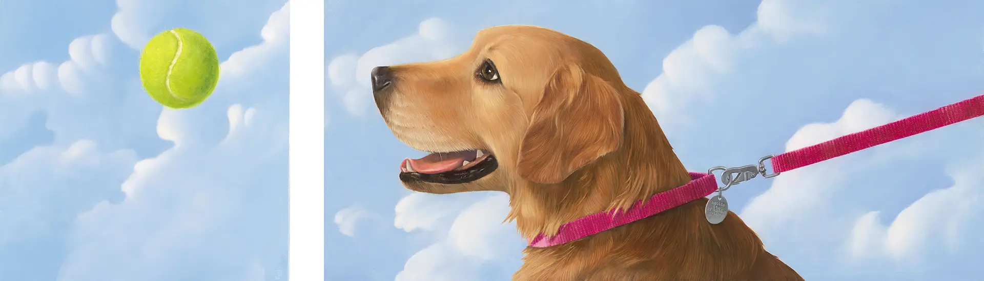 22in by 11in print by Lorena Pugh, depicting a golden retriever pulling at their leash, their eyes trained on a tennis ball they're desperate to catch. Includes separate 11 by 11 print of the tennis ball, and metal dog tags labeled 'Golden Goal' for display.