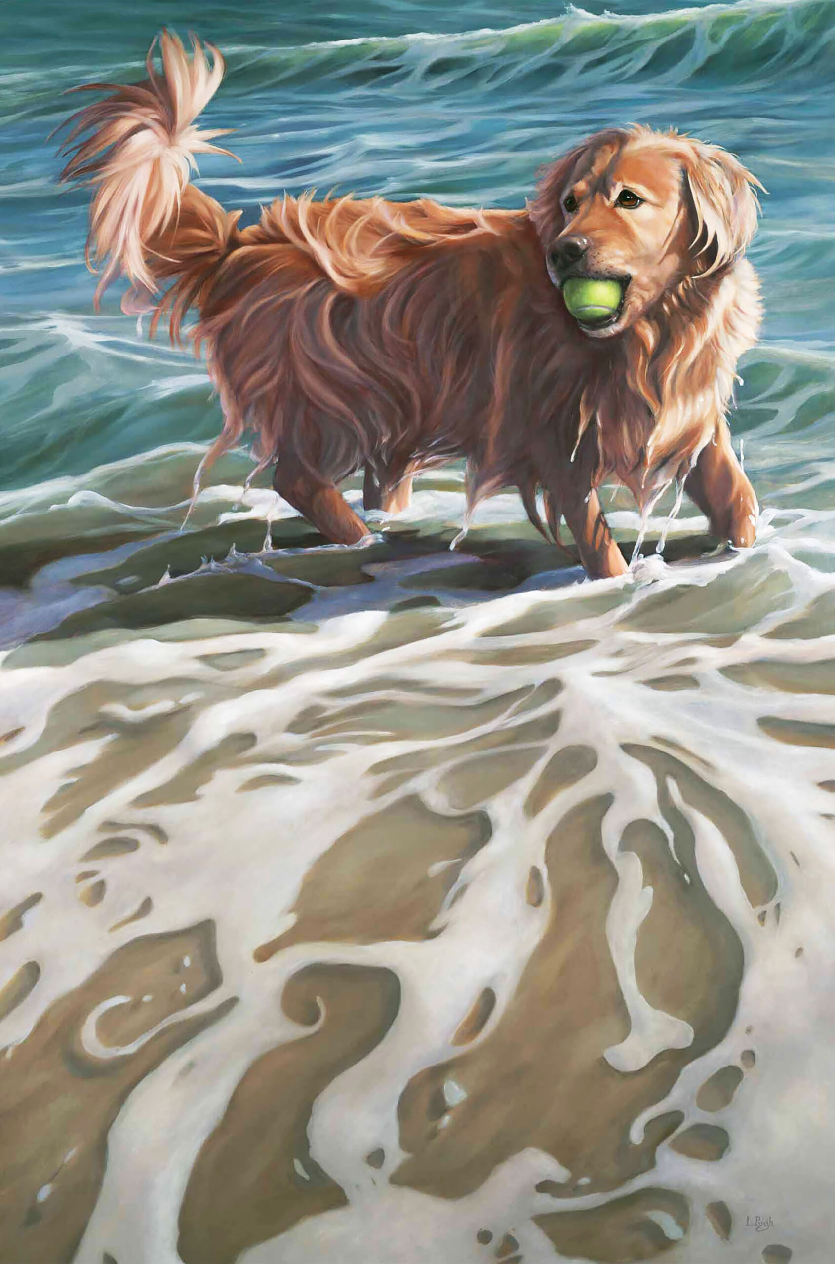 28.5in by 20in print by Lorena Pugh, depicting a golden retriever on the shore, proudly displaying a tennis ball she's just caught in her mouth. Waves form behind her as she frolics in the shallow water.