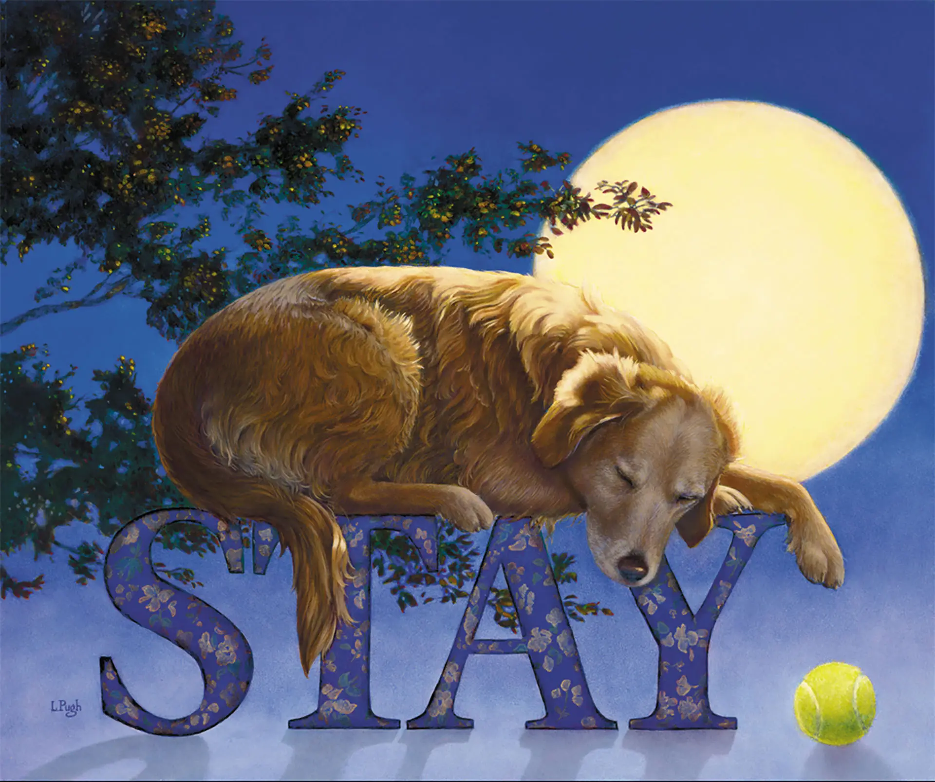 21.5in x18.5in print by Lorena Pugh depicting an older golden retriever dozing peacefully atop the word 'STAY.' The full moon hangs in the background behind some tree branches, almost in bloom. A tennis ball rests by the Y of the word STAY, waiting patiently for the dog to finish her nap.